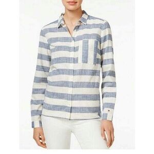 Tommy Hilfiger women’s contrast bold stripe button down shirt cotton classic Lrg